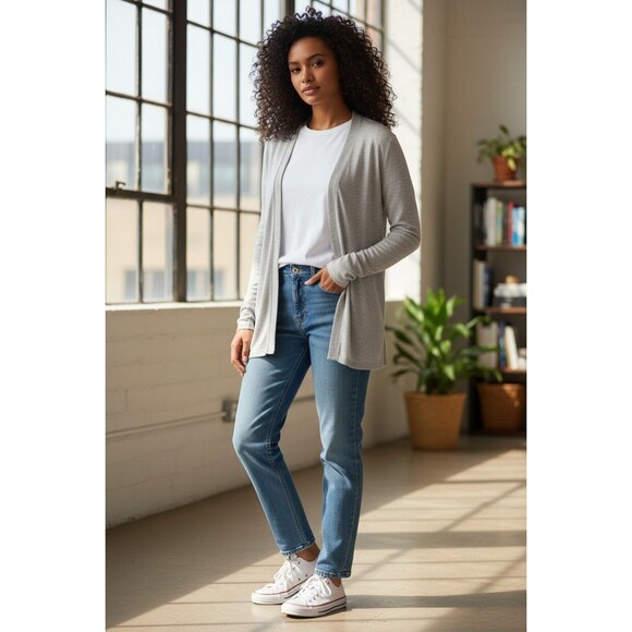 August Silk Womens Cardigan Sweater Gray V Neck Lightweight Ribbed Large NWT - Picture 1 of 5